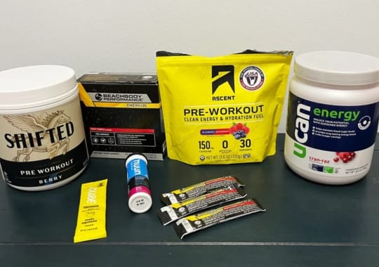 Variety of pre-workout supplements.