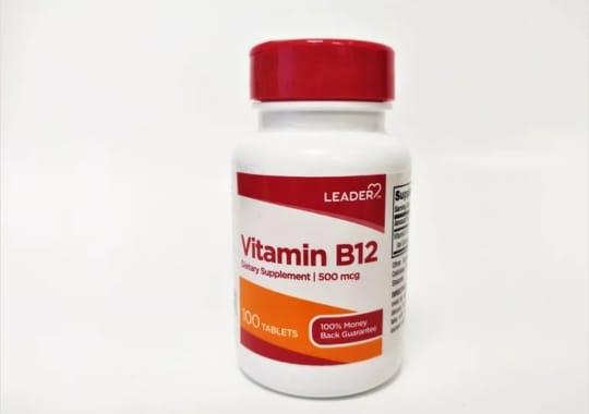 A bottle of vitamin B12 supplement.