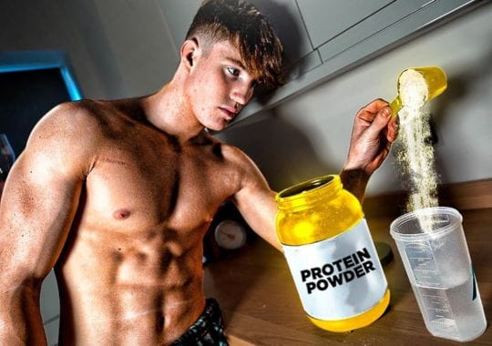 A man making protein supplement with protein powder.