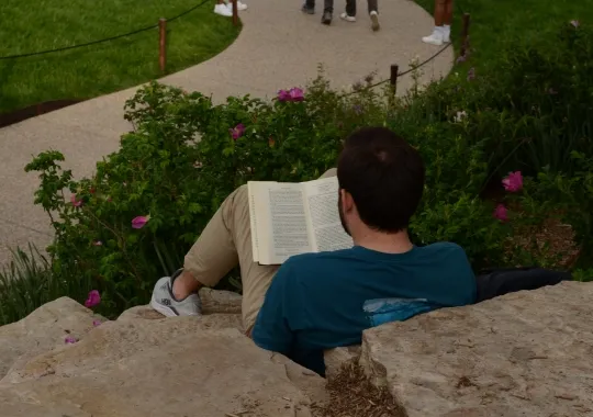 A young white guy sitting on a rock in a park and reading a book.